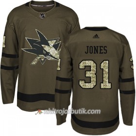 Män Ishockey San Jose Sharks Tröja Martin Jones 31 Adidas 2017-2018 Camo Grön Authentic